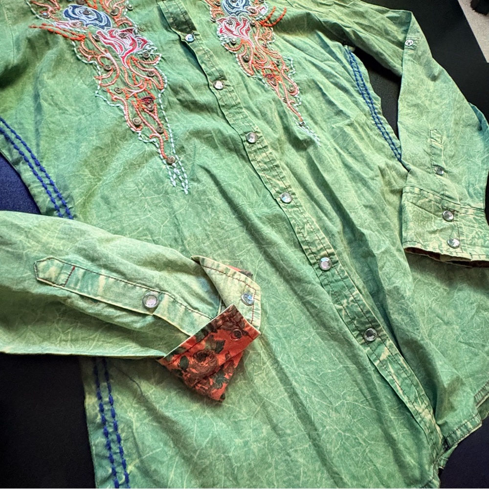 Roar western shirt embroidered pearl buttons cowgirl fitted acid wash medium - Picture 5 of 11